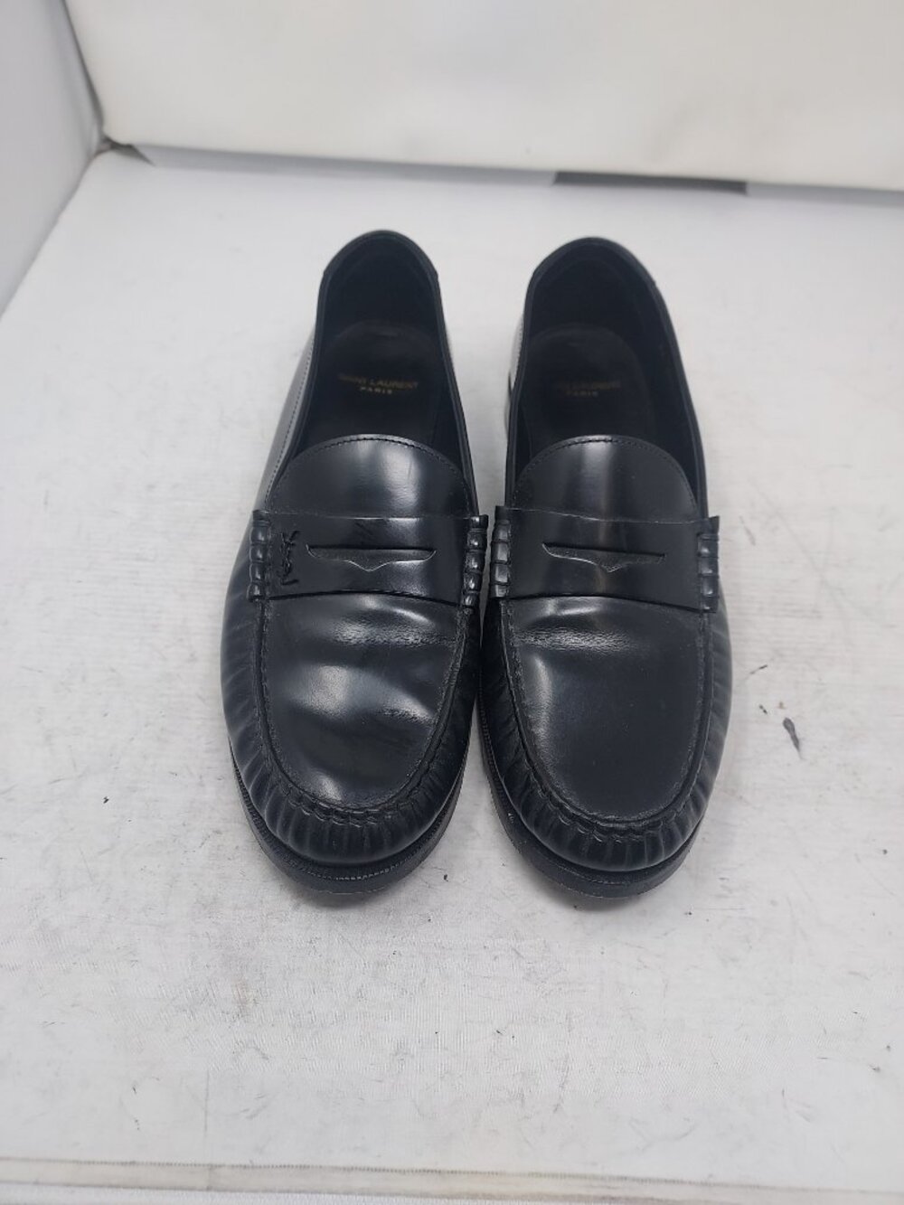 YSL Yves Saint Laurent MENS Black Logo Penny Patent Loafer Shoe